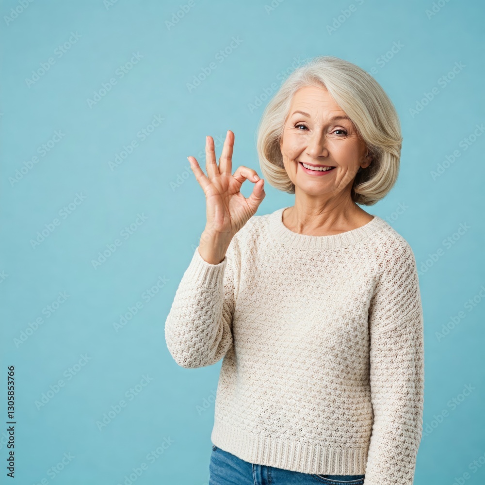 Obraz premium Cheerful smiling mature old woman lady in pastel white knitted sweater casual clothes standing showing Ok okay gesture sign looking camera isolated on blue light color background studio portrait