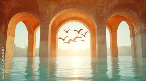 Serene sunset over tranquil waters with arches and birds flying in the background