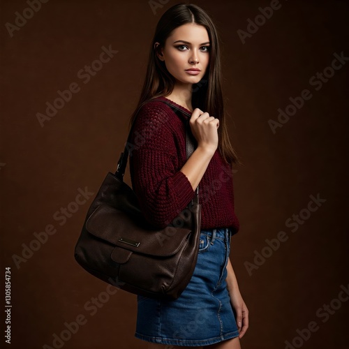 Fashionable confident woman wearing burgundy color knitted sweater, denim skirt, carrying trendy leather shoulder bag, posing on brown background. Studio fashion portrait