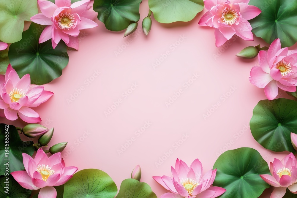 Moldura floral com flor de lótus rosa e folhas verdes vibrantes sobre fundo rosa suave, criada com IA generativa para um design delicado e natural Moldura floral com flor de lótus rosa e folhas verdes vibrantes sobre fundo rosa suave, criada com IA generativa para um design delicado e natural