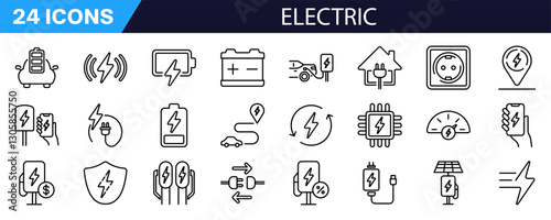Electric car icons set. Linear style. Charging icon.