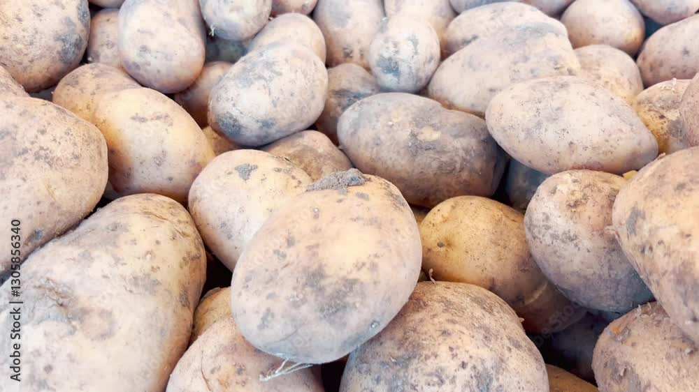 Dirt raw potatoes on a supermarket counter. (4K video) Dirt raw potatoes on a supermarket counter. (4K video)