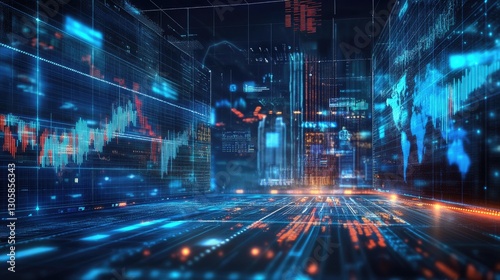 Modern economic transformation displayed with a holographic world, crypto coins, and stock indicators.