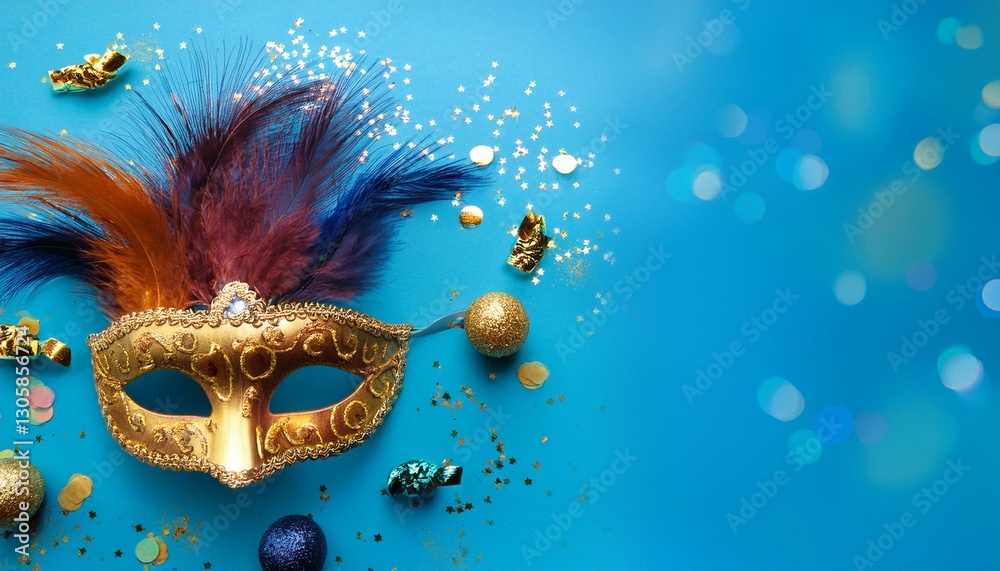 custom made wallpaper toronto digitalcarnival flat lay with golden carnival mask with colorful feathers confetti on blue background with copy space