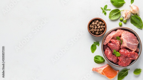 Wallpaper Mural Fresh raw meat accompanied by herbs and spices, including garlic and peppercorns, arranged on a light background. Torontodigital.ca