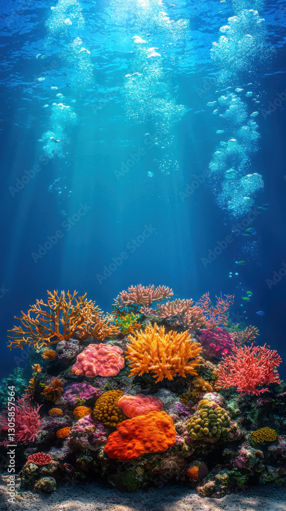 Fototapeta premium Vibrant coral reef full of colorful marine life in crystal clear ocean water beneath the surface