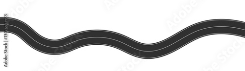 Winding road top view, curved highway path with lane markings, race track or travel route map, wavy roadway design. Flat vector illustration isolated on white background.