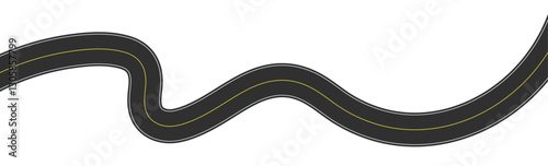 Winding road top view, curved highway path with lane markings, long trip route map, wavy street track design. Flat vector illustration isolated on white background.