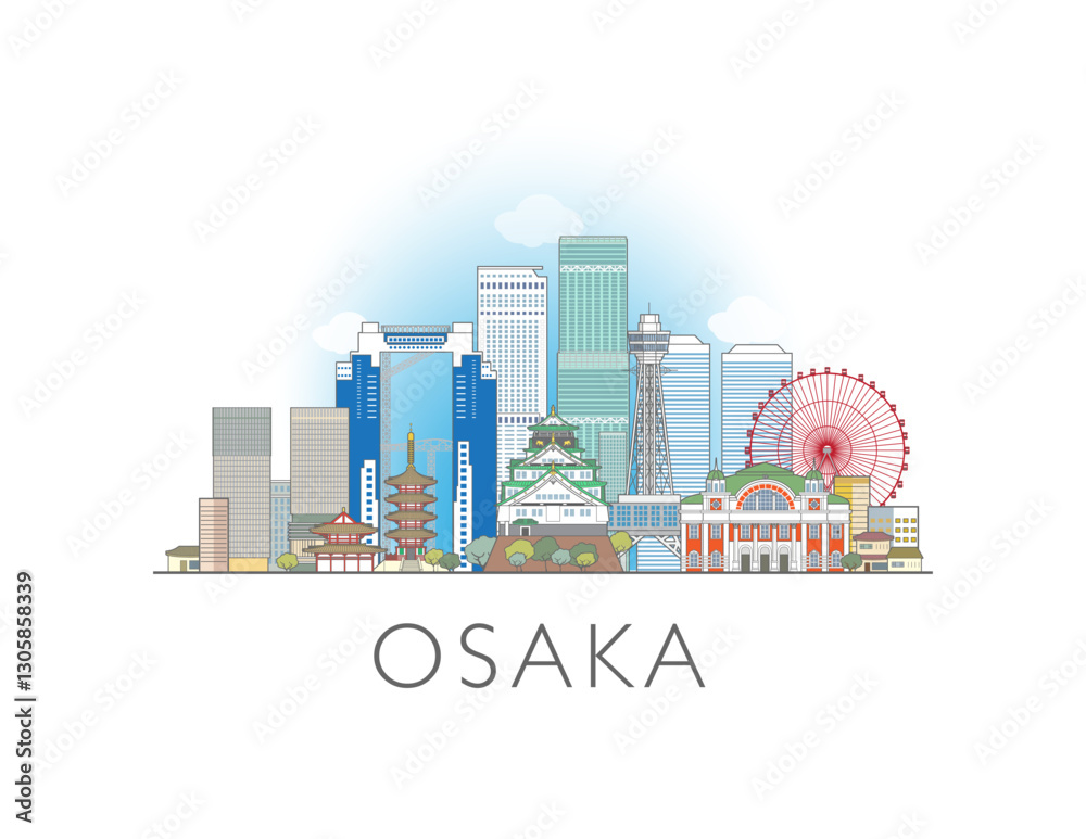 Fototapeta premium Osaka city Japan cityscape illustration skyline drawing in colour