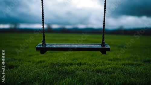Empty swing in a grassy field under a stormy sky