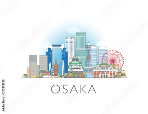 Osaka city Japan cityscape illustration skyline drawing in colour