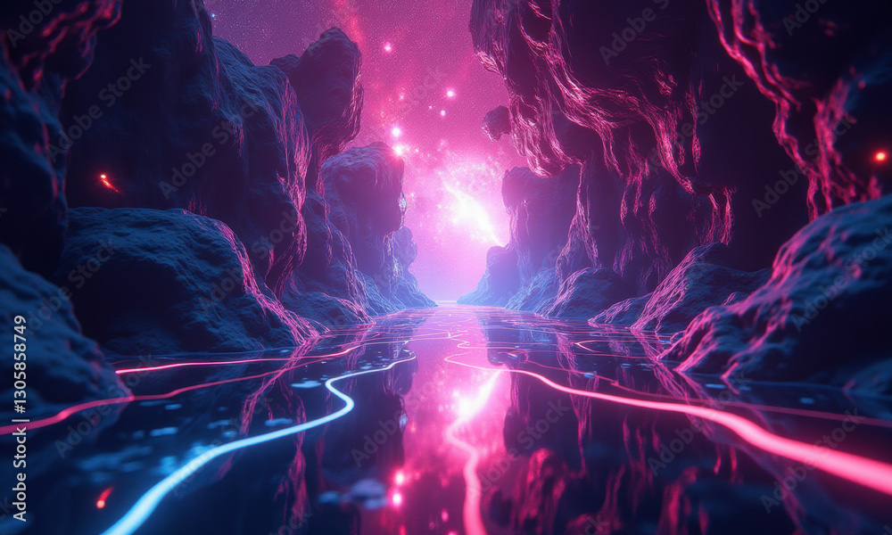 Obraz premium Neon Glowing River in Alien Canyon - Surrealism