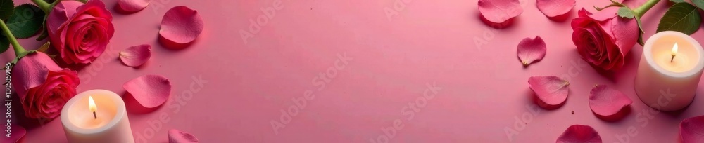 Fototapeta premium Soft pink box with rose petals, surrounded by candles and flowers, roses, valentines day