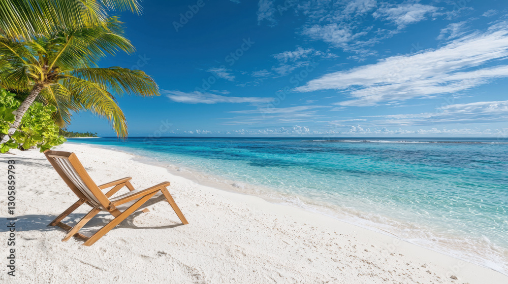 Colorful beach chair sitting alone on the sand with ocean waves gently lapping nearby under sunshine Colorful beach chair sitting alone on the sand with ocean waves gently lapping nearby under sunshine