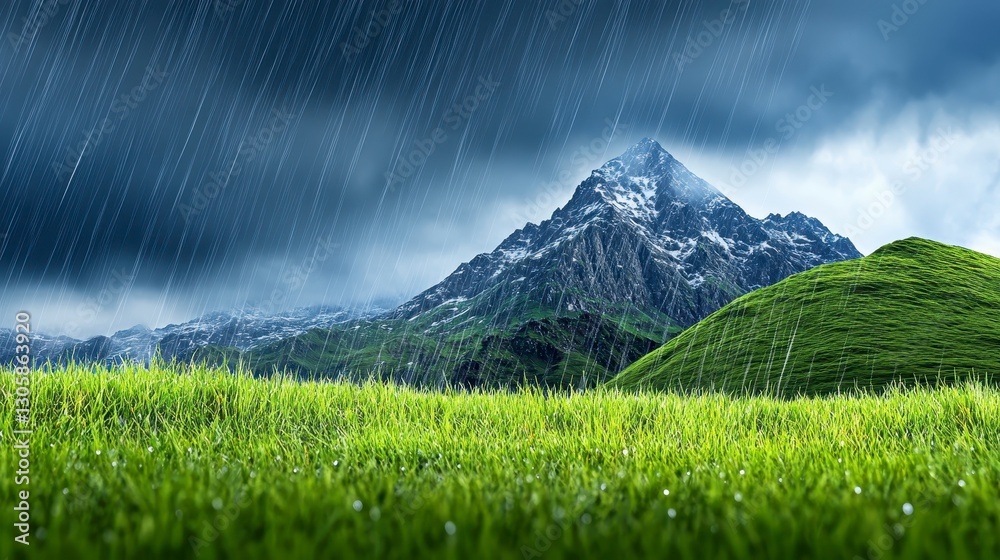 Fototapeta premium Dramatic Mountain Landscape with Rainy Clouds and Green Grass