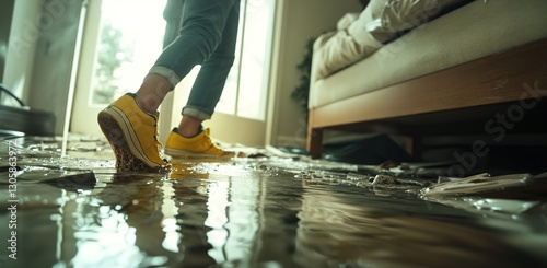 Person Walking Through Flooded Room in Yellow Shoes