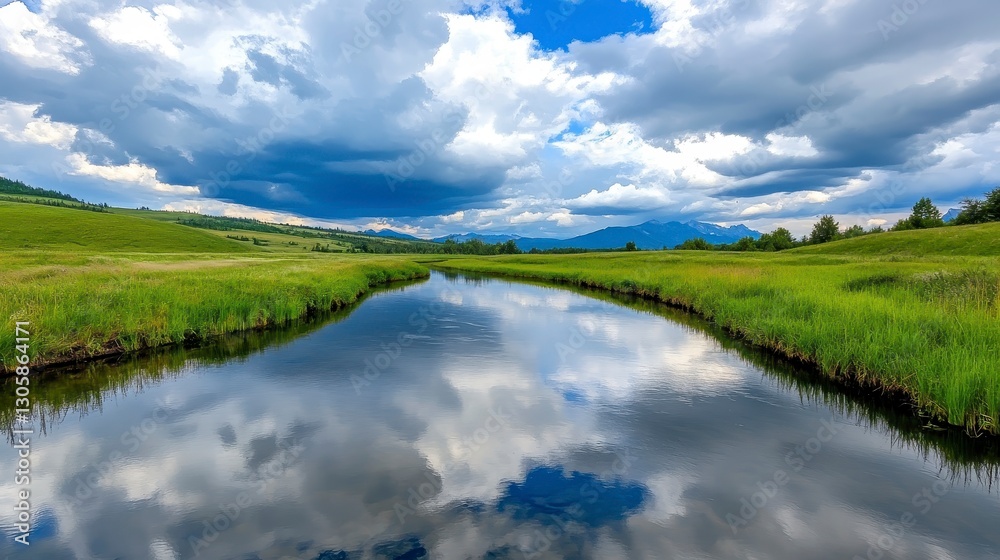 Serene River Flowing Through Lush Green Fields Under Cloudy Sky Serene River Flowing Through Lush Green Fields Under Cloudy Sky