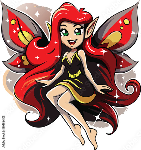 Whimsical Fairy with Colorful Wings and Flowing Red Hair – Enchanted Fantasy Art