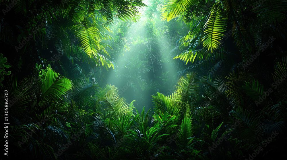 Beautiful jungle scene with sunlight streaming through the leaves creating a dappled light effect Beautiful jungle scene with sunlight streaming through the leaves creating a dappled light effect