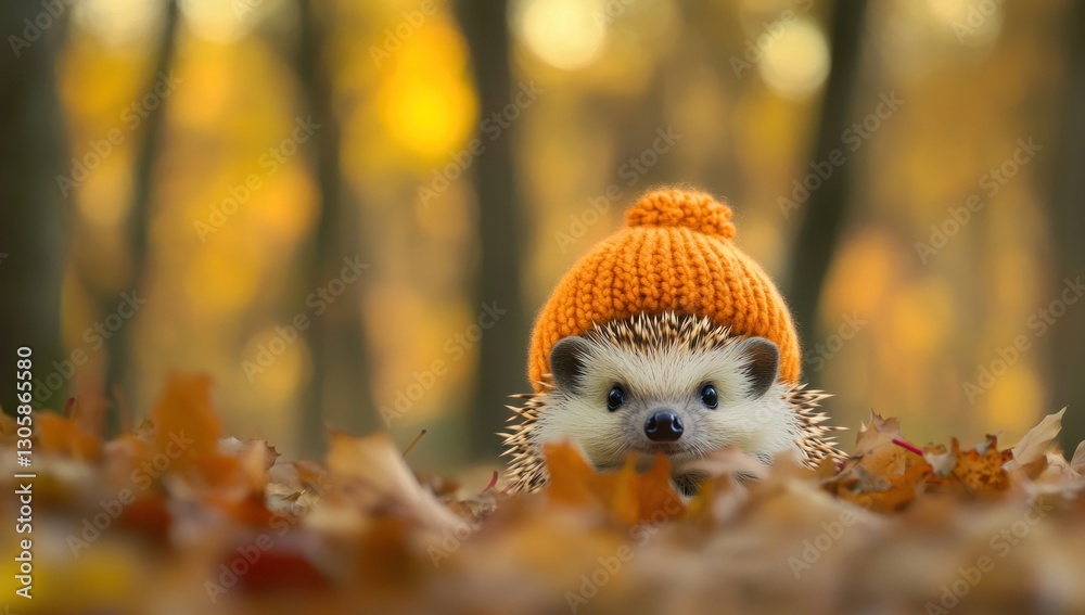 Obraz premium Adorable hedgehog wearing an orange knitted hat amidst autumn leaves. (1)
