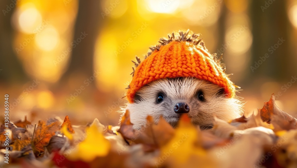 Adorable hedgehog wearing an orange knitted hat amidst autumn leaves. Adorable hedgehog wearing an orange knitted hat amidst autumn leaves.