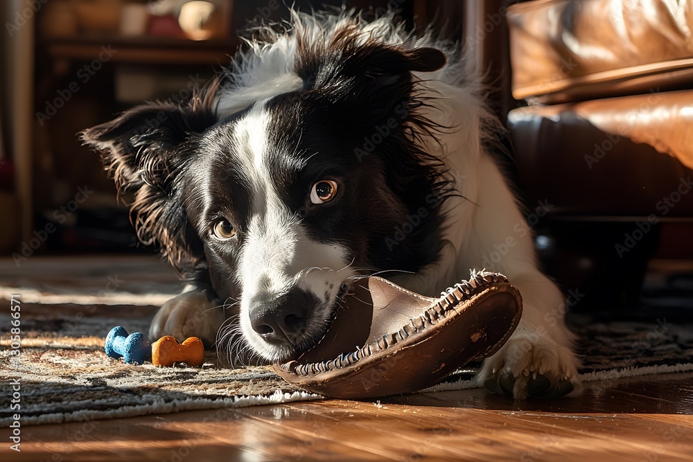 Dog enjoying playtime with a shoe and colorful toys in a cozy living room Dog enjoying playtime with a shoe and colorful toys in a cozy living room