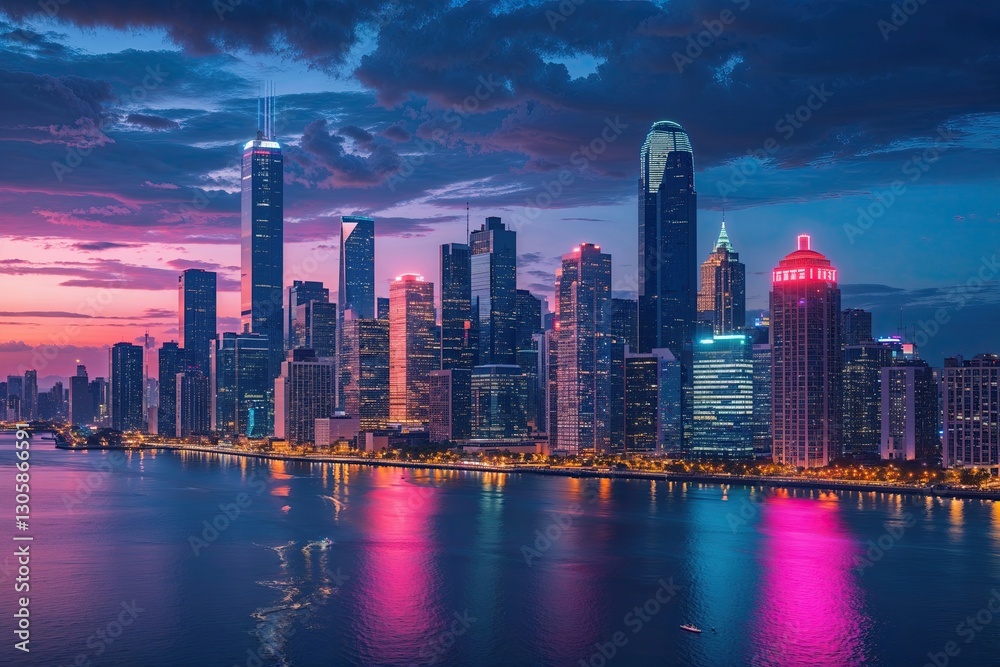 Fototapeta premium Dynamic City Skyline at Dusk with Thriving Nightlife Energy