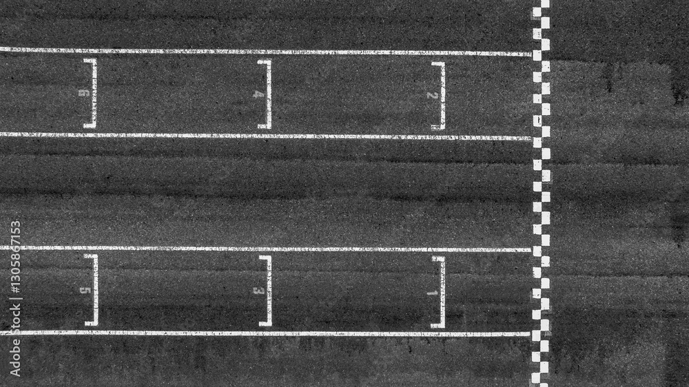 Start or finish line on car race, Start and finish line racing, Grid start race track, Top view textured and background grid start on the asphalt road race track abstract.