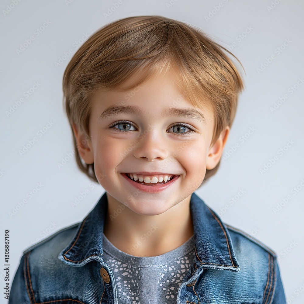 Smiling Child in Kids Fashion: Charming Close-Up Portrait with Denim Jacket on Light Background Smiling Child in Kids Fashion: Charming Close-Up Portrait with Denim Jacket on Light Background