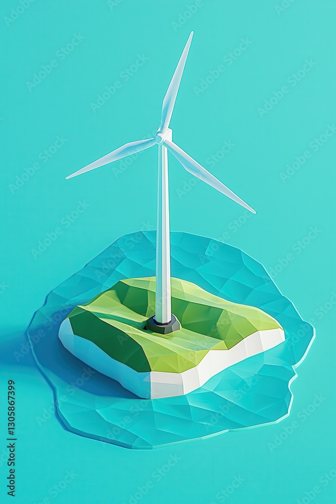 Modern Wind Turbine on Geometric Island in Vibrant Ocean Setting Modern Wind Turbine on Geometric Island in Vibrant Ocean Setting