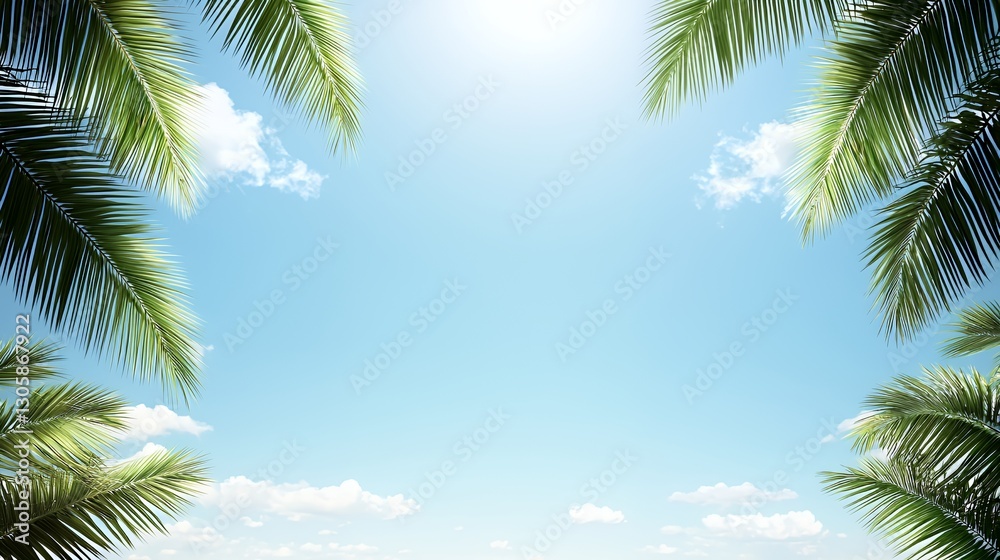 Naklejka premium Bright Blue Sky Framed By Lush Green Palm Tree Leaves