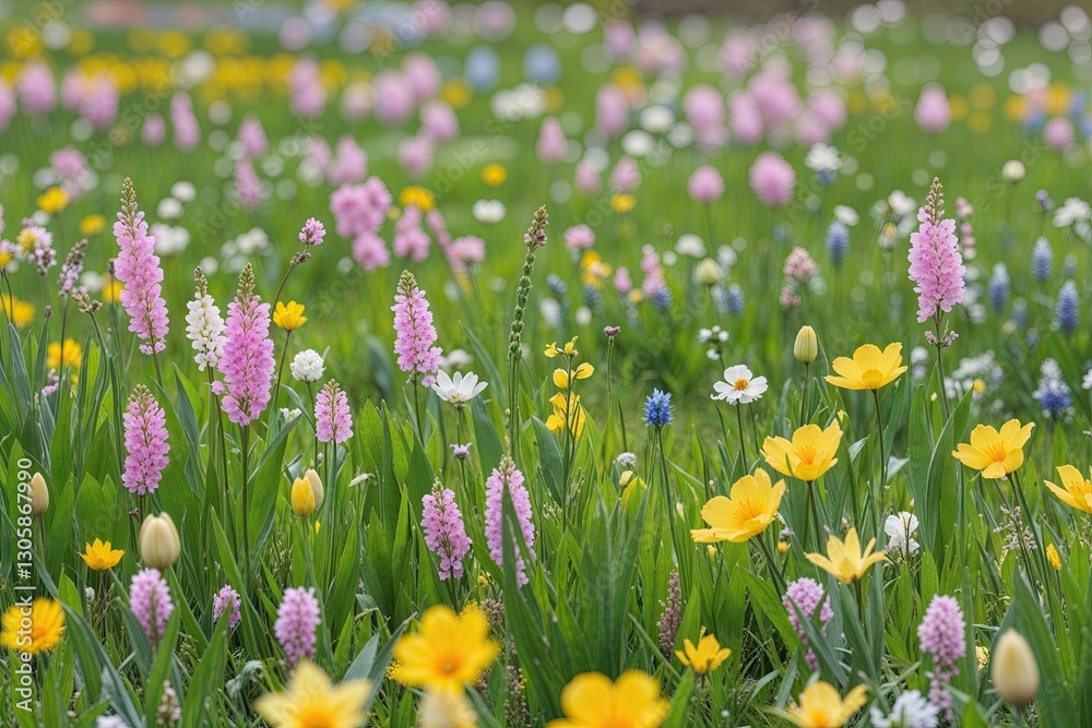 Lush Green Meadow Brimming with Colorful Spring Flowers and Blooms Lush Green Meadow Brimming with Colorful Spring Flowers and Blooms