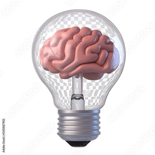 This image depicts a 3D rendering of a transparent glass light bulb containing a detailed anatomically accurate human brain  The concept symbolizes the connection between creative