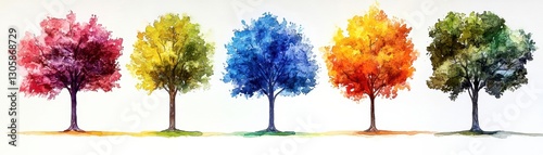 Colorful trees showcasing seasonal changes on a white background.