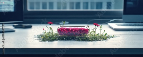 Pill capsule surrounded by flowers and green grass on a desk, creative health concept.