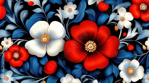 Vibrant floral pattern featuring bold red, white, and blue flowers on a dark background.