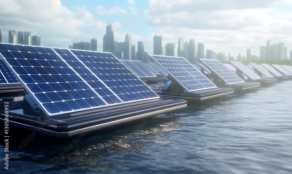Conceptual image of a futuristic solar farm design featuring floating solar panels.