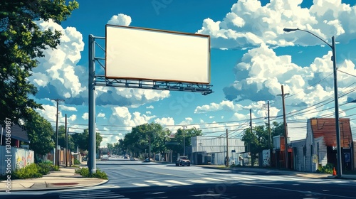 Urban scene with a blank billboard and vibrant blue skies.