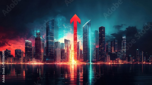 Futuristic city skyline with glowing lights and a rising arrow effect.