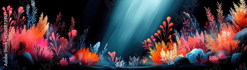 Vibrant underwater scene with colorful plants and aquatic life.