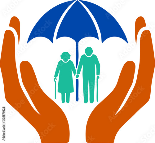 Elderly Protection with Caring Hands and Umbrella Symbolizing Safety, Security, and Support for Senior Citizens