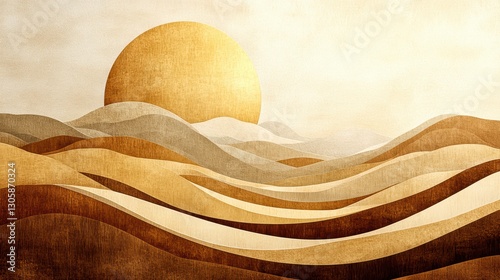 Abstract landscape with hills and a golden sun, warm color palette, serene atmosphere.