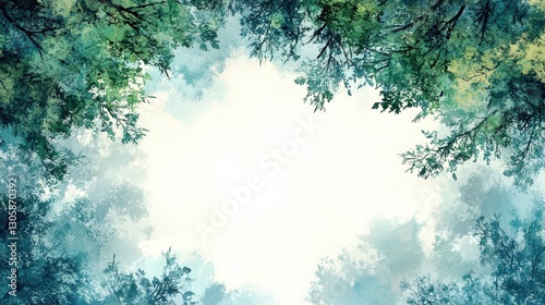 A serene view of trees framing a cloudy sky.