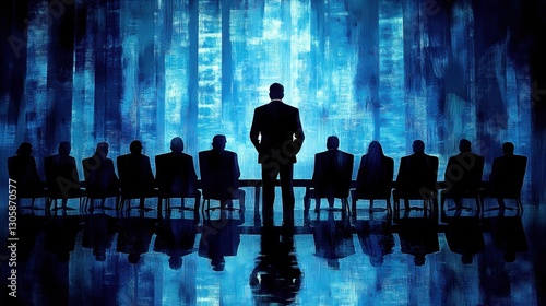 Business team meeting with silhouettes against a blue glowing background.