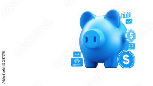 Blue Piggy Bank with Financial Icons Representing Saving Investment and Growth Concept  3D Rendered Image for Budgeting Banking and Economic Prosperity Themes photo