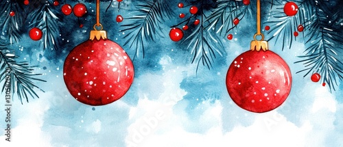 Christmas ornaments hanging from pine branches, festive seasonal background.