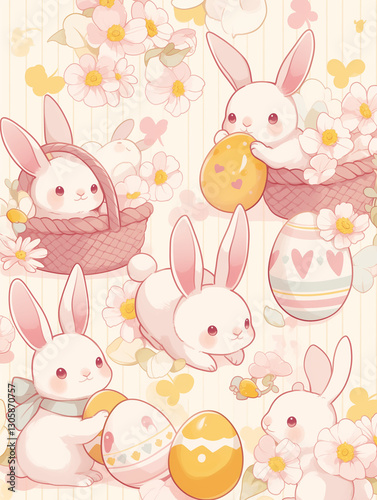 easter seamless pattern with rabbits and easter eggs, Easter pattern, cute bunnies with easter eggs, holiday patterns, spring patterns