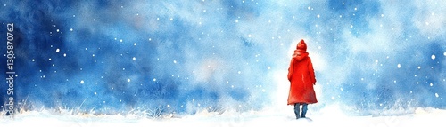 Person in a red coat standing in a snowy landscape under a blue sky.
