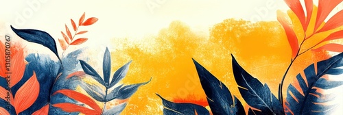 Vibrant tropical leaves with orange and blue hues on a warm background.