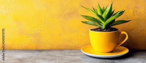 Green plant in a yellow cup on a gray surface with a yellow background.